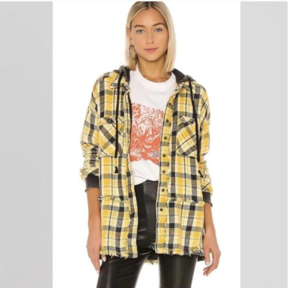 We The Free People Calico Basin Yellow Plaid Flannel Hooded Shirt Jacket Medium